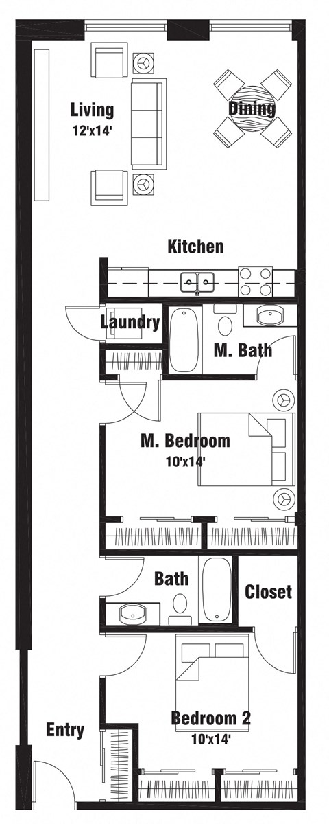 Floor plan for 2 beds, 2 baths, 1069 sqft